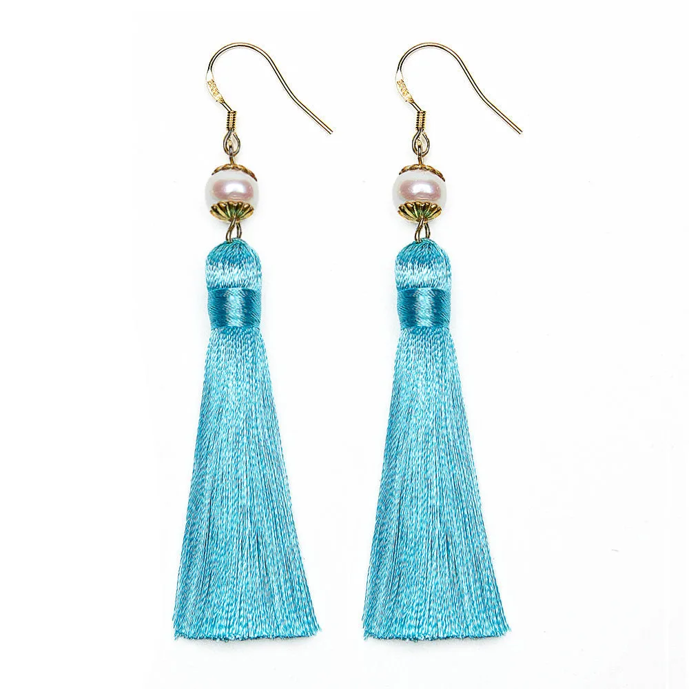 Holly Tassels and Pearl Earrings in Tiffany Blue Inspired By BAT