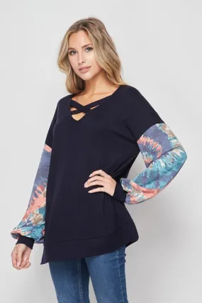 Honey Me Bubble Sleeve Top - Dk Navy/ Denim Coral