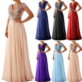 IKEARLAX  2021 Summer European and American New Foreign Trade Chiffon Dress V-neck Sequins Solid Color Stitching Evening Long Dress