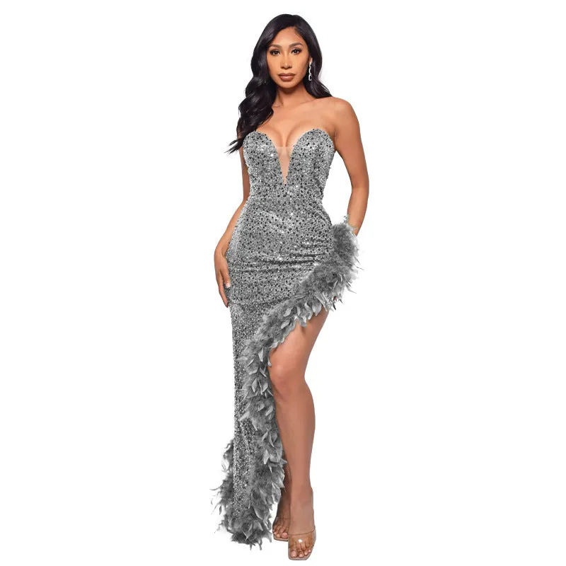 IKEARLAX  Cross Border Women's Tube Top Backless Dress  EBay Pure Desire Temperament Feather Sequins Dress