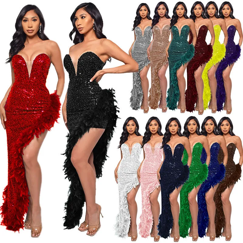 IKEARLAX  Cross Border Women's Tube Top Backless Dress  EBay Pure Desire Temperament Feather Sequins Dress