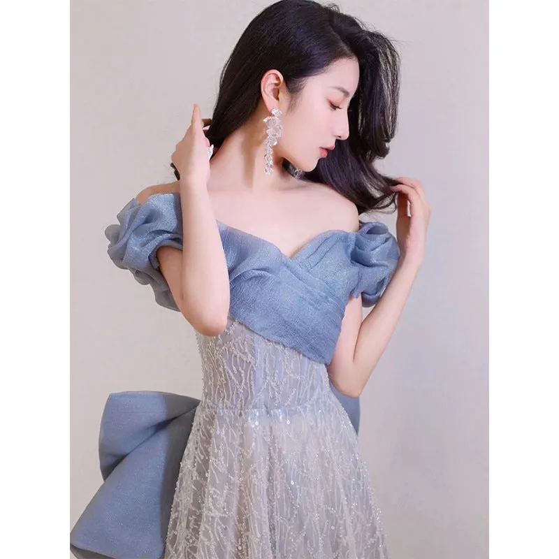 IKEARLAX  Evening Dress High-End Elegant High-Grade Fairy  New High-Grade Dress Fishtail Bow off-Shoulder