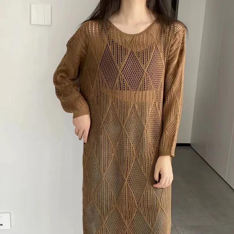 IKEARLAX Korean Style Hollow Knitted Crocheted  Spring/Summer New Long Casual Temperament Idle Style Blouse Fashion Dress