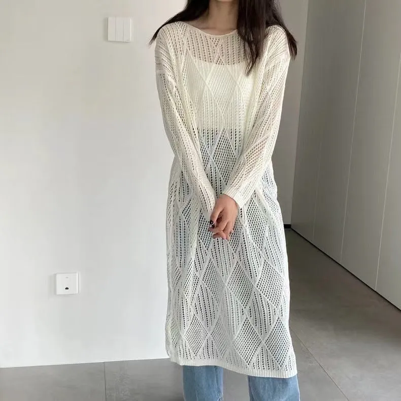 IKEARLAX Korean Style Hollow Knitted Crocheted  Spring/Summer New Long Casual Temperament Idle Style Blouse Fashion Dress