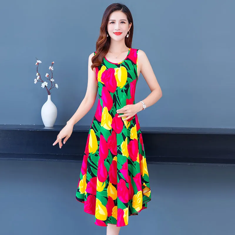 ikearlax Large Size Bourette Vest Dress Summer New Ethnic Style Women's Clothing Artistic Retro Printing Sleeveless Swing Long Dress