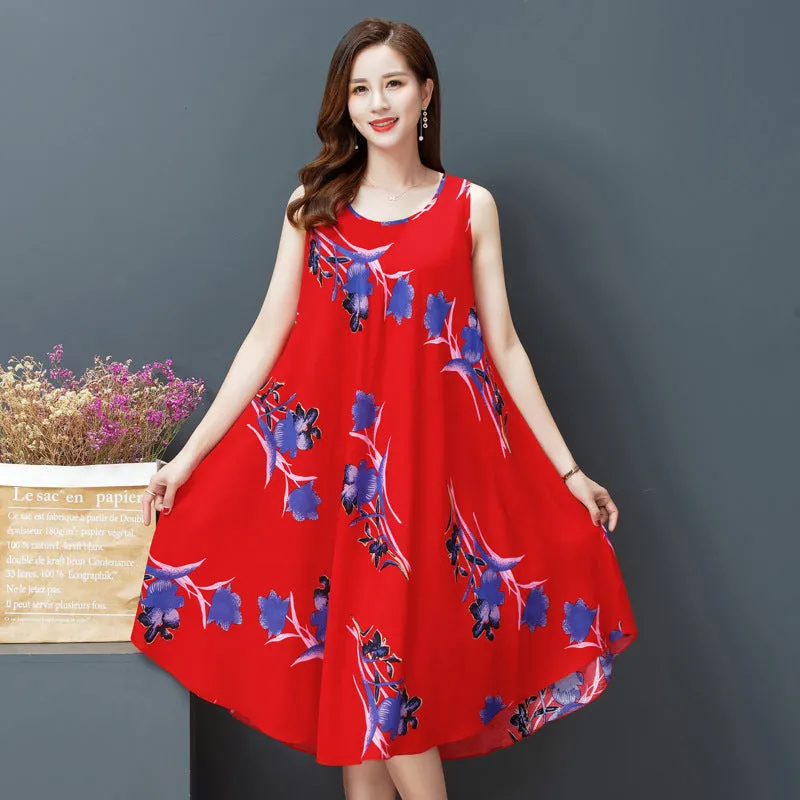 ikearlax Large Size Bourette Vest Dress Summer New Ethnic Style Women's Clothing Artistic Retro Printing Sleeveless Swing Long Dress