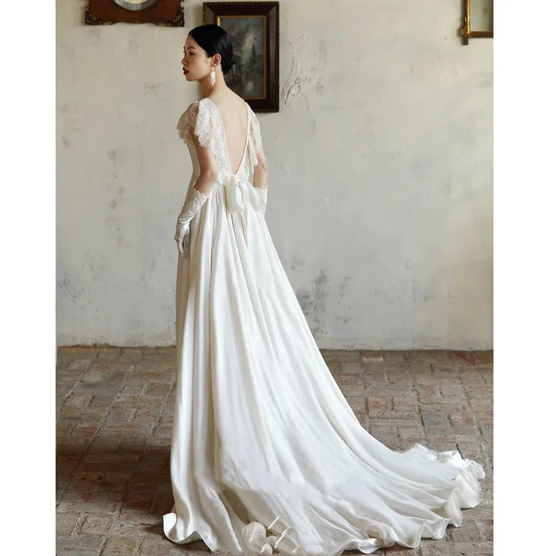 IKEARLAX  Light Wedding Dress Retro Simple Trip Shoot White Slimming  New Style Trailing Bridal Wedding Wedding Welcome Yarn