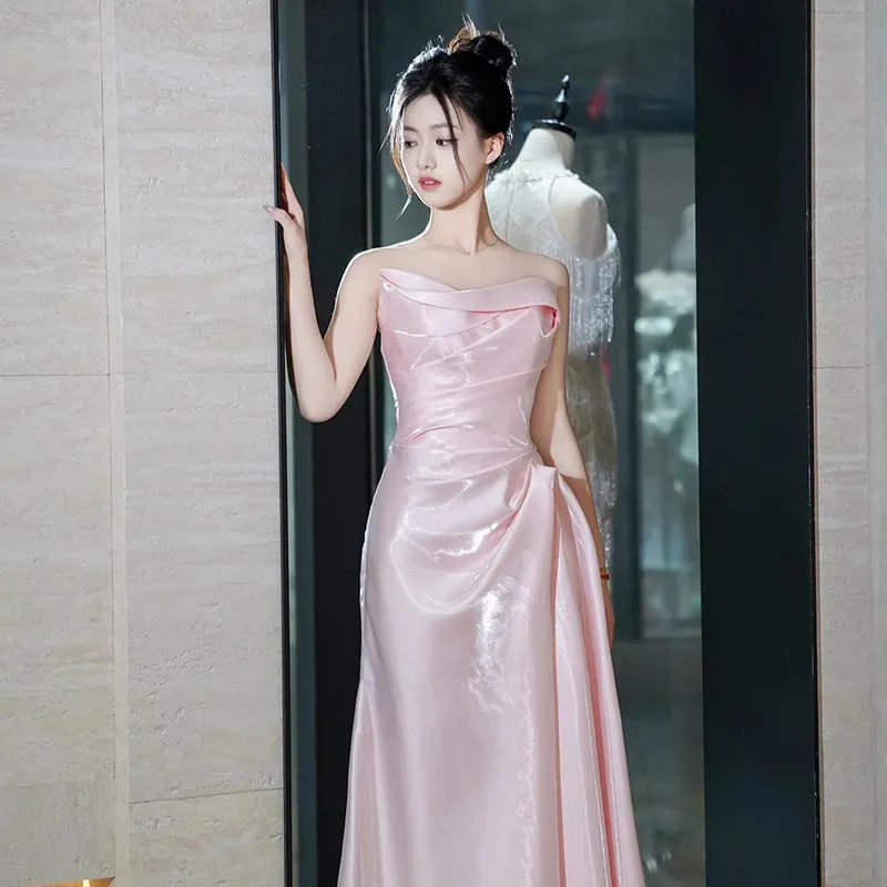 IKEARLAX  Satin Tube Top Evening Dress  New Style Pink Birthday Banquet Bride Toast Dress Wedding Morning Gowns Wholesale