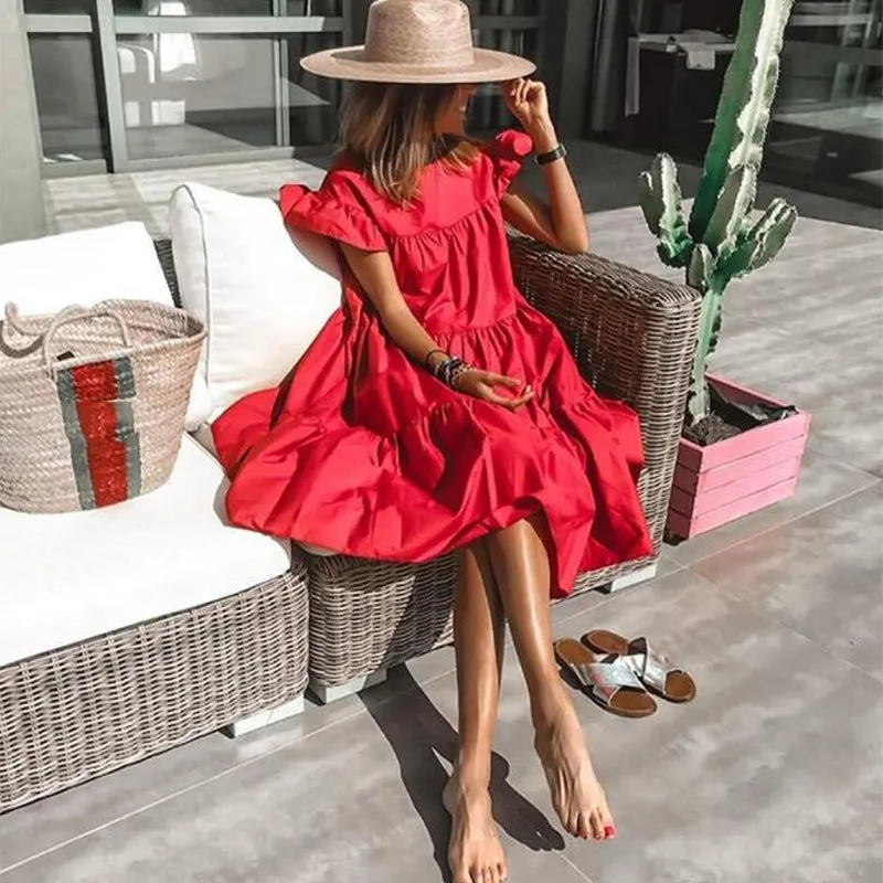 ikearlax Summer HOTan and NEWn Style Women's Clothing Loose Pleated Short Sleeve Dress Women's Solid Color Casual Jumpsuit Skirt