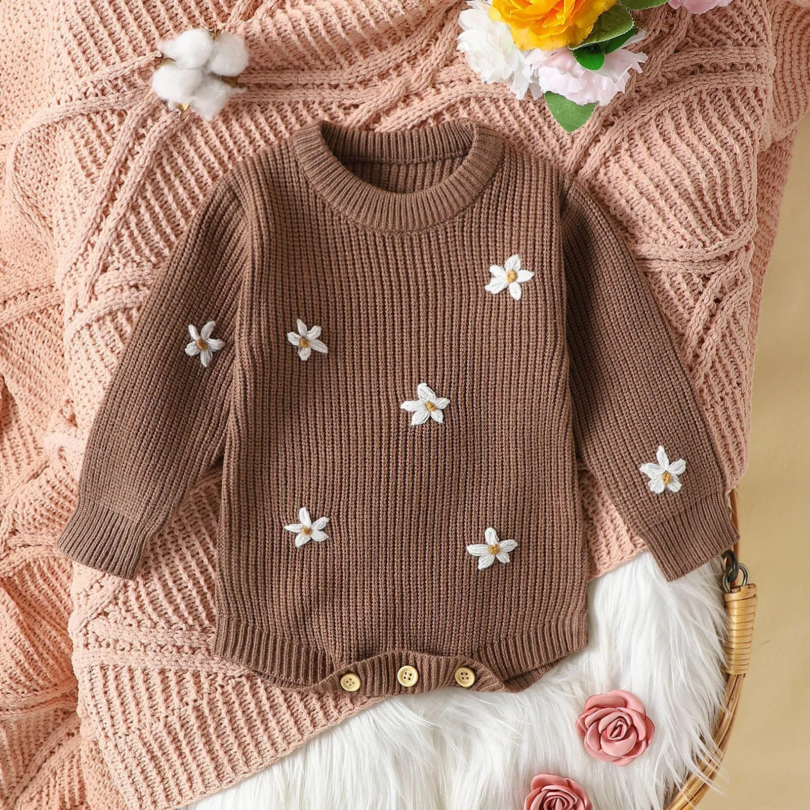 Infant Casual Flower Embroidered Sweater Long Sleeve Jumpsuit