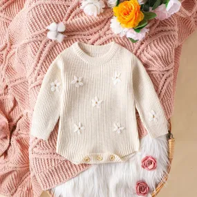 Infant Casual Flower Embroidered Sweater Long Sleeve Jumpsuit