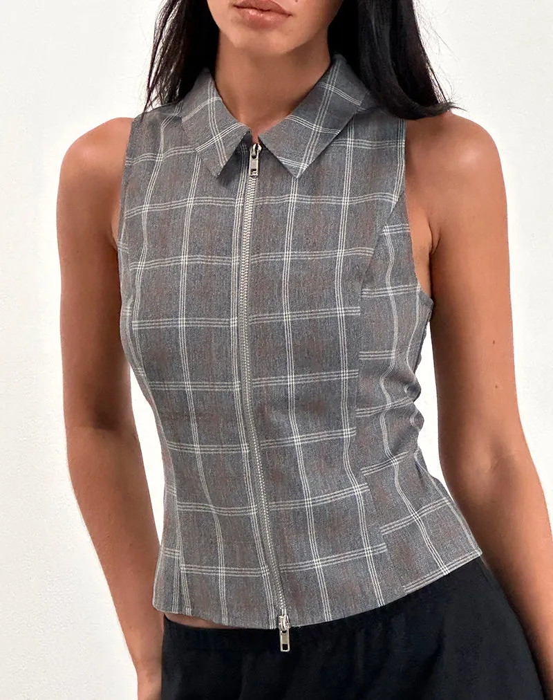 Janae Zip Vest Top in Grey Check