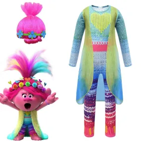 Kids Girl Trolls 2 World Tour Queen Poppy Costume  Jumpsuit With Vest Wig