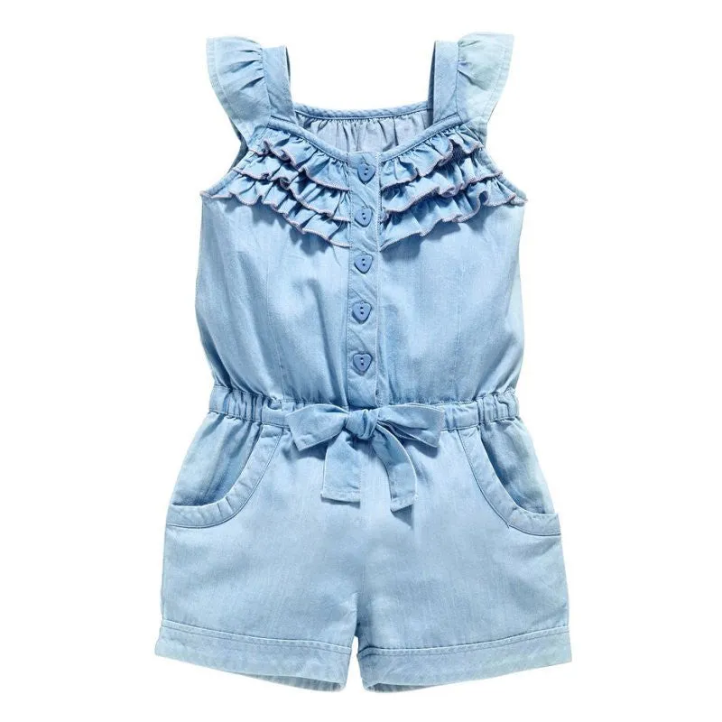 Kids Girls Clothing Rompers Denim Blue Cotton Washed Jeans Sleeveless Bow Jumpsuit 0-5Y L07