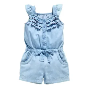 Kids Girls Clothing Rompers Denim Blue Cotton Washed Jeans Sleeveless Bow Jumpsuit 0-5Y L07