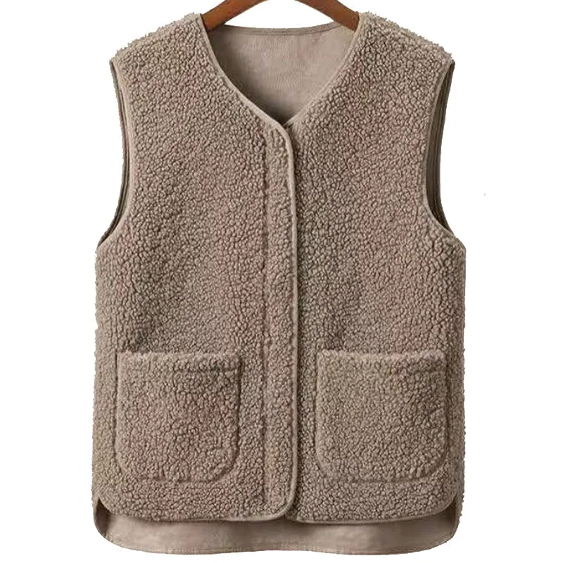 Ladies Faux Sherpa Sleeveless V-Neck Vest