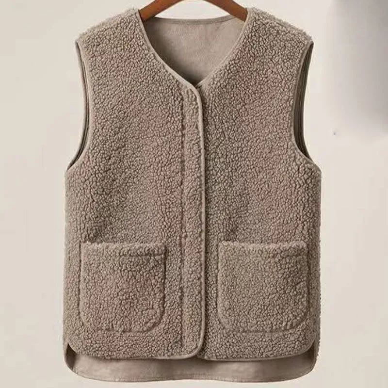 Ladies Faux Sherpa Sleeveless V-Neck Vest