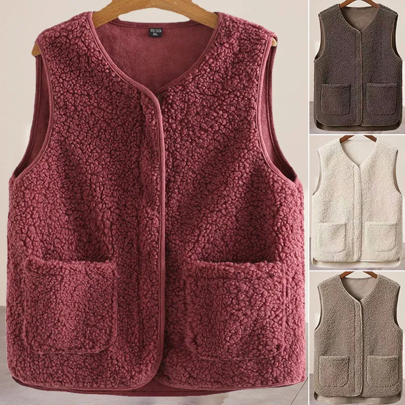 Ladies Faux Sherpa Sleeveless V-Neck Vest