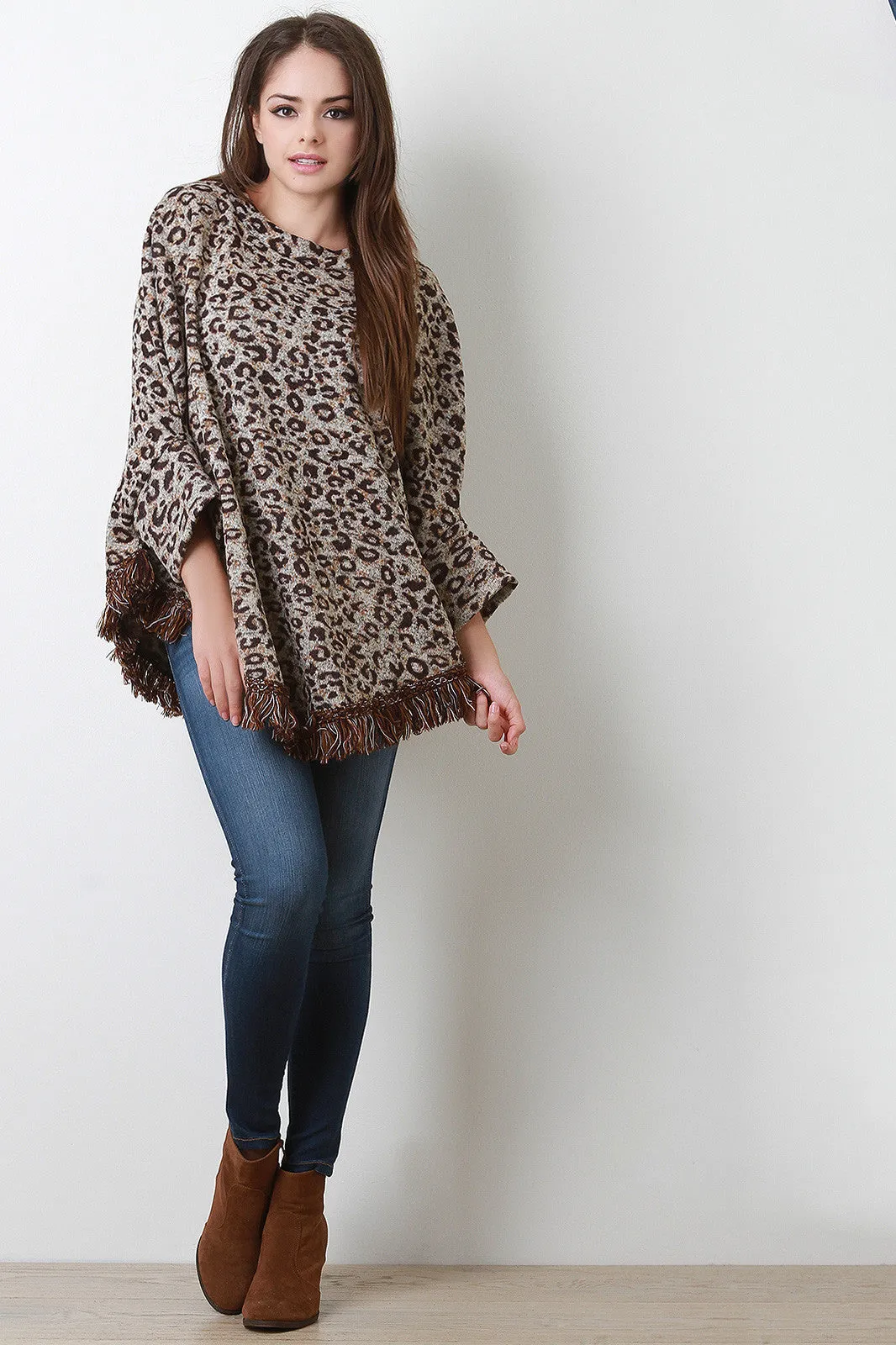 Leopard Fringe Hem Poncho Top