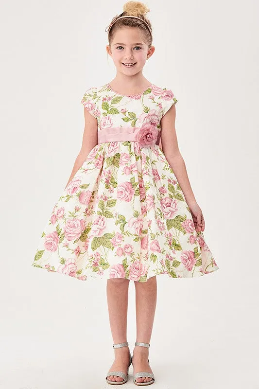 Little Girls Pink Flower Jacquard Print  Dress