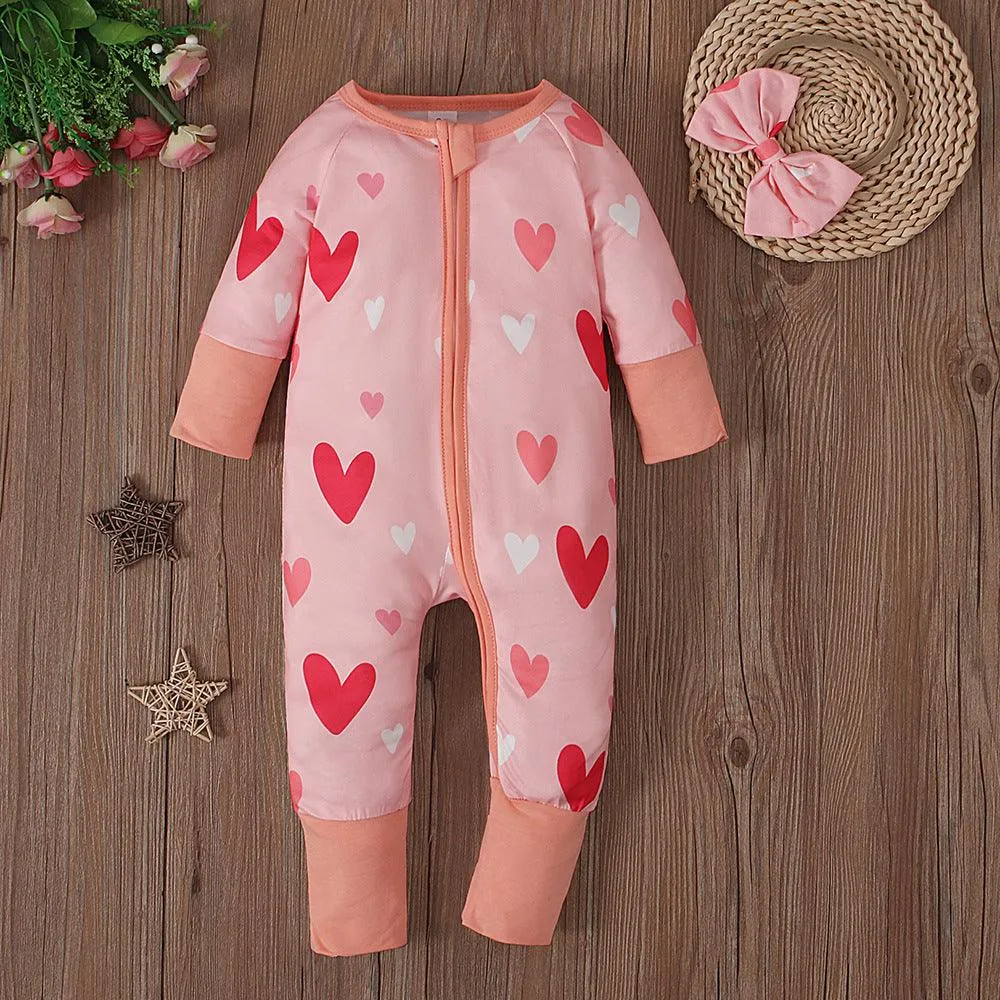 Love Pattern Long Sleeve Round Neck Jumpsuit Romper Bow Hair Band 2 Pieces