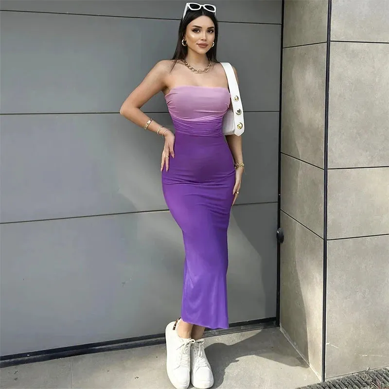 LVSANW CUTENOVA Gradient Strapless Backless Sexy Long Dress Fashion Women Sleeveless Off Shoulder Bodycon Club Party Dresses Summer 202