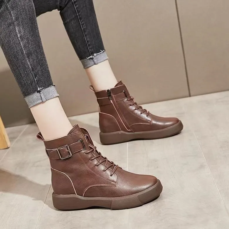 Martin Boots for Women  Autumn and Winter New HOTan and NEWn round Head Thick Bottom Muffin Heel Lace-up Belt Buckle British Style Ankle Boots Women