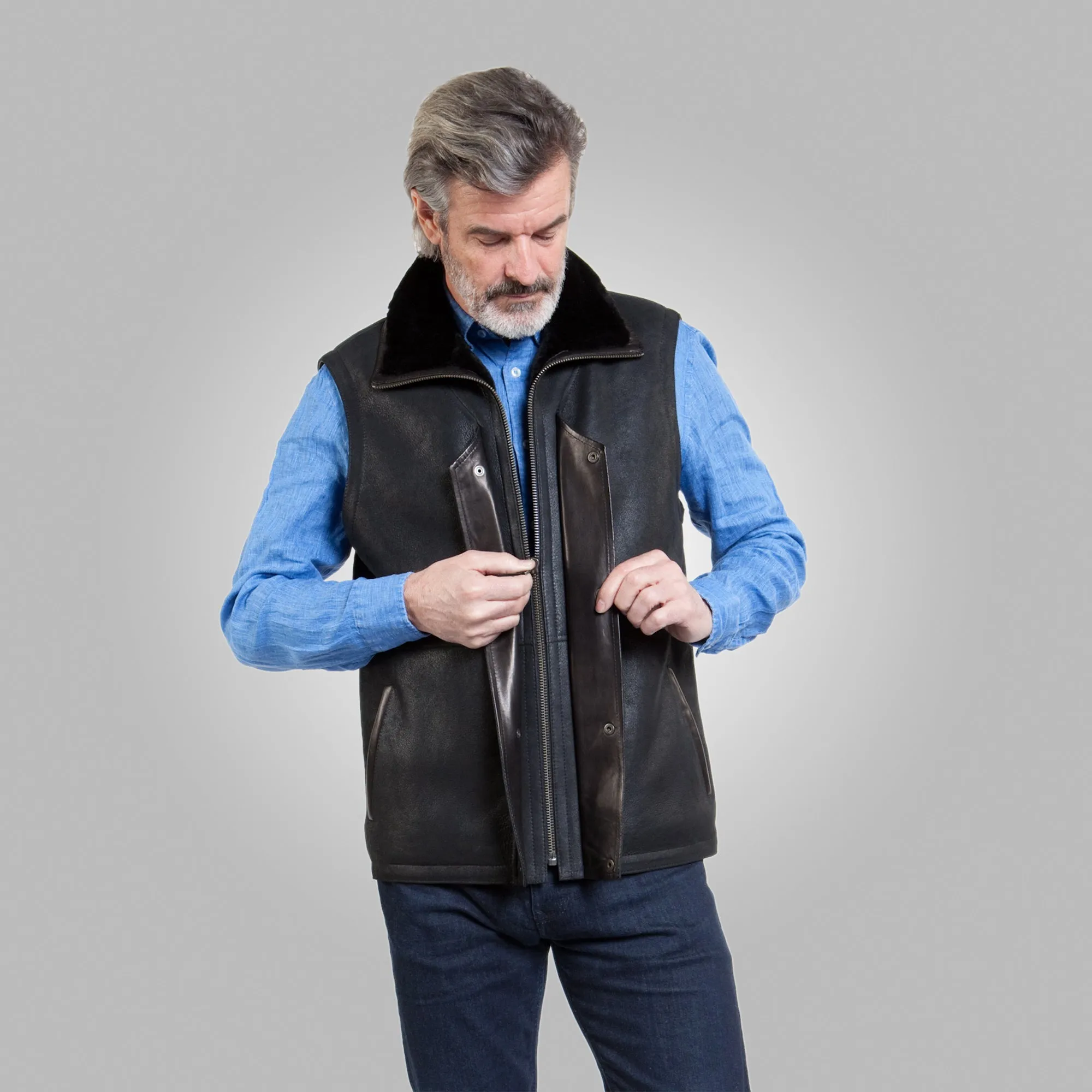 Men’s Black Leather Shearling Vest