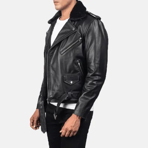 Mens Furton Black Leather Biker Jacket