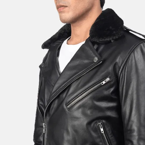 Mens Furton Black Leather Biker Jacket