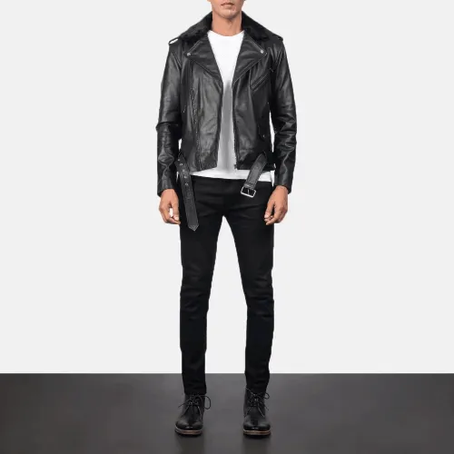 Mens Furton Black Leather Biker Jacket