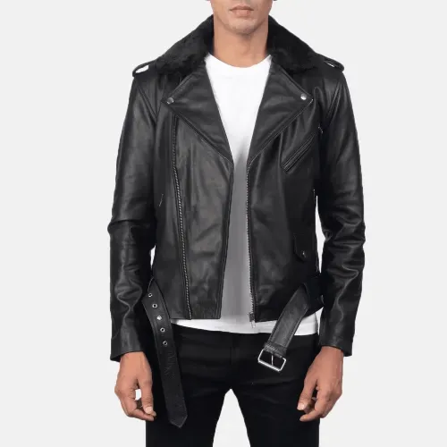 Mens Furton Black Leather Biker Jacket