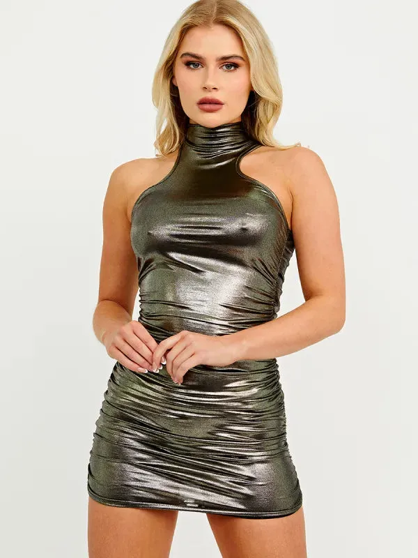 Metallic Ruched Mini Dress