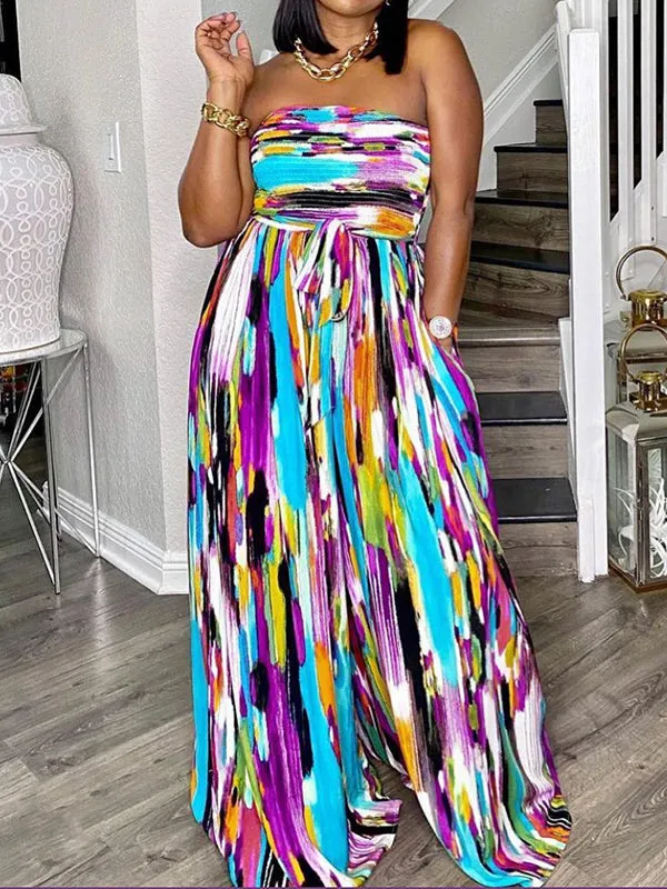 Momnfancy Elegant Colorful Tie Dye Gradient Color Belt Bandeau Holiday Daily Wide Leg Pants Maternity Jumpsuit