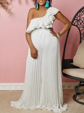 Momnfancy One-shoulder Pleated Cascading Ruffle Two Piece Crop Oblique Shoulder Fashion Photoshoot Baby Shower Maternity Wide Leg Jumpsuit