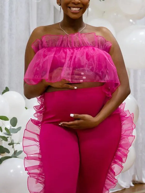 Momnfancy Pink Tulle Bandeau 2-in-1 Crop Ruffle Cute Bodycon Plus Size Baby Shower Maternity Jumpsuit