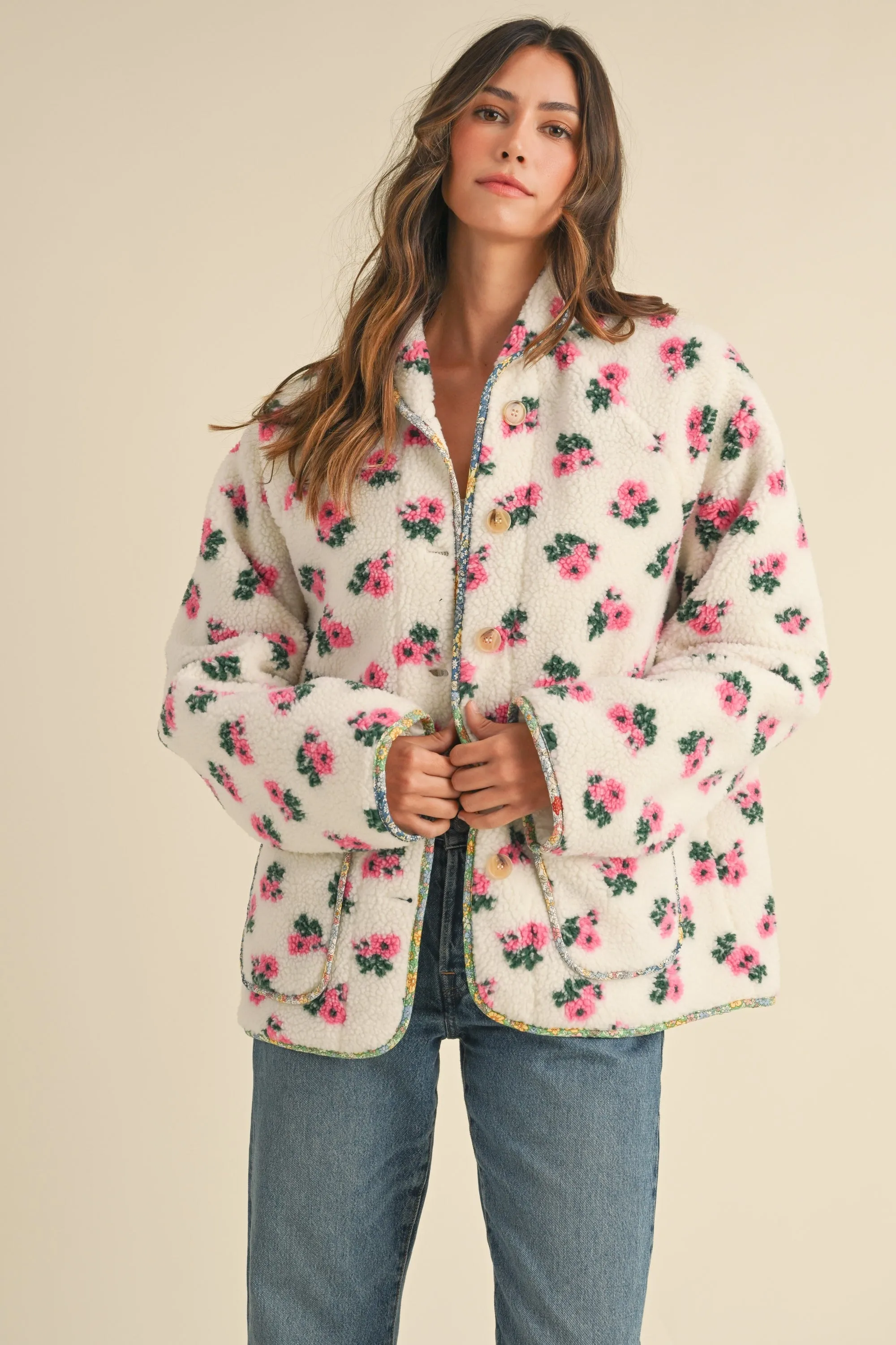 Off White Floral Print Sherpa Jacket Contrast Piping Detail