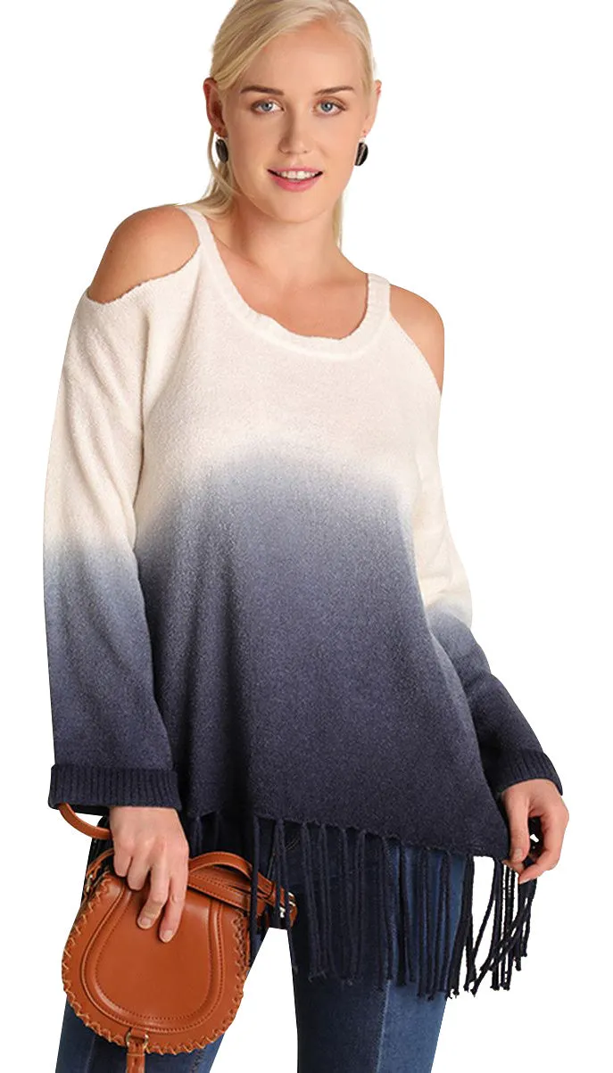 Ombre Cold Shoulder Fringe Sweater, Navy