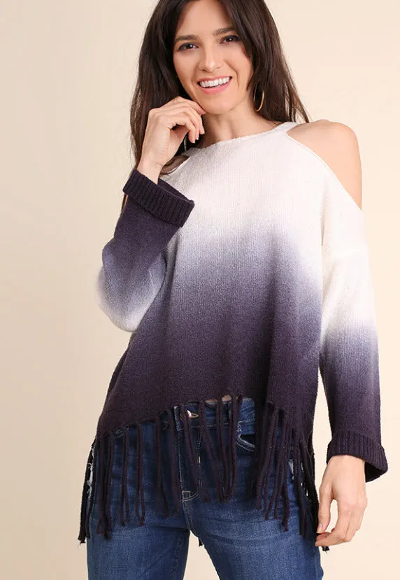 Ombre Cold Shoulder Fringe Sweater, Navy