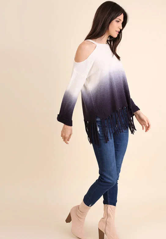 Ombre Cold Shoulder Fringe Sweater, Navy