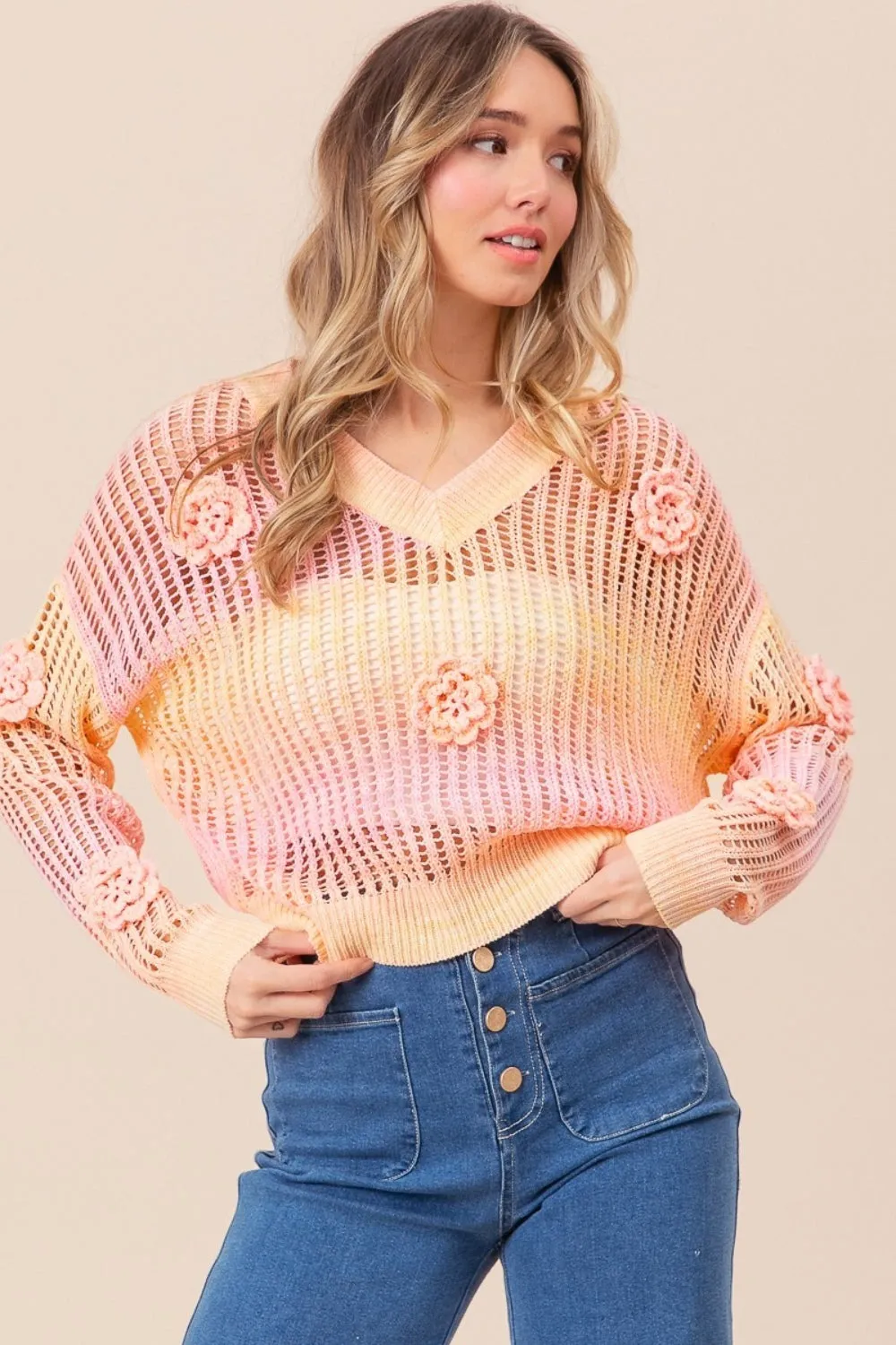 Ombre Crochet Flower Knit Top