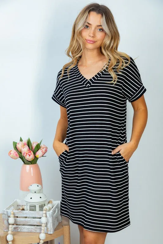 *Online Exclusive* Short Sleeve Stripe Knit Dress in Black