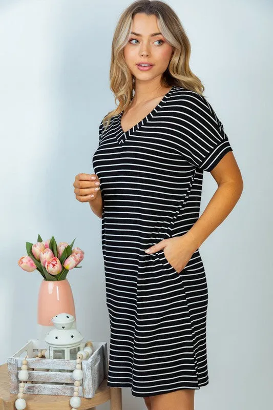 *Online Exclusive* Short Sleeve Stripe Knit Dress in Black