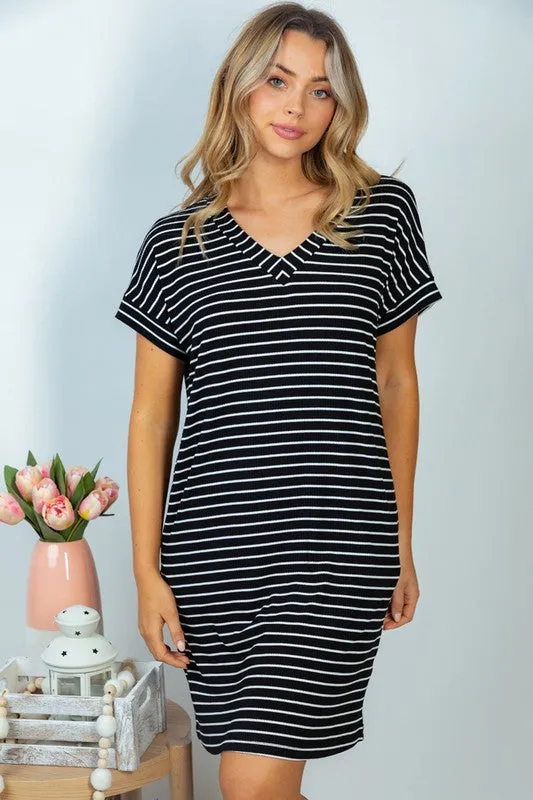 *Online Exclusive* Short Sleeve Stripe Knit Dress in Black