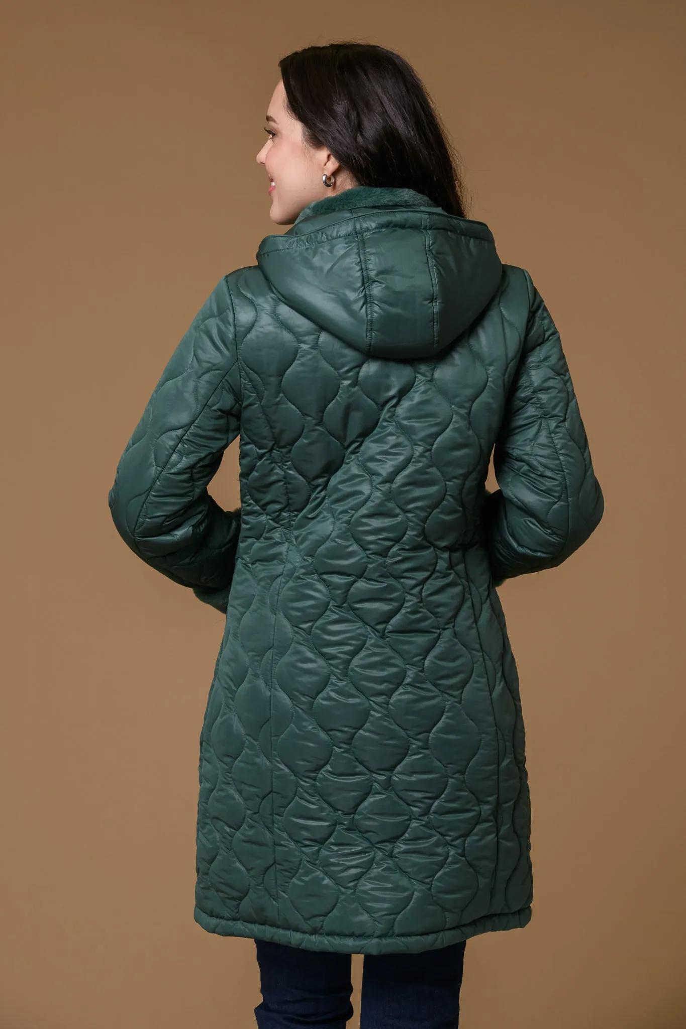 Oval Quilt Fur trim Jacket- Green