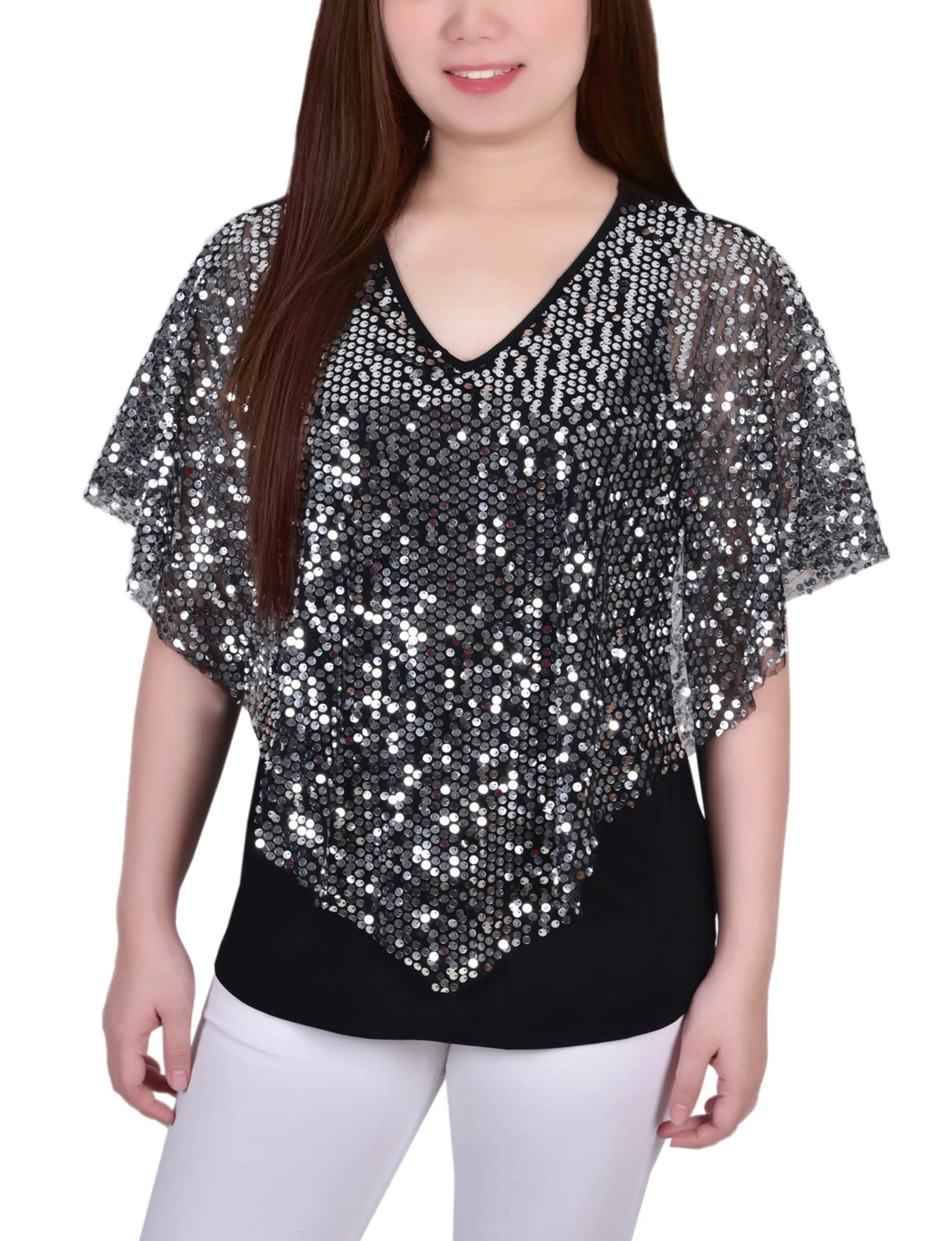 Petite Sequin-Front Poncho