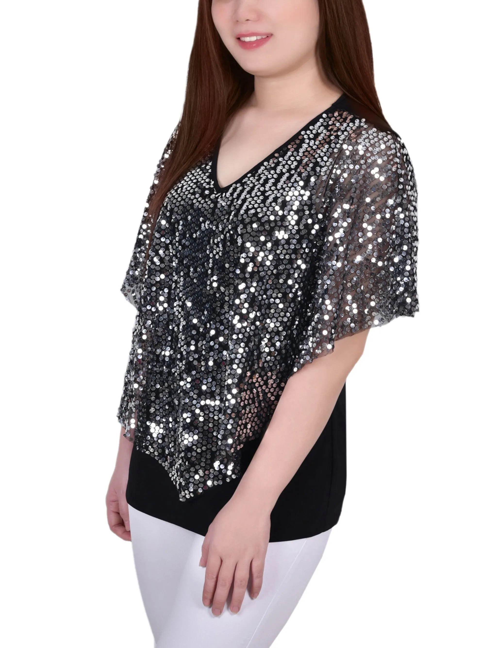 Petite Sequin-Front Poncho