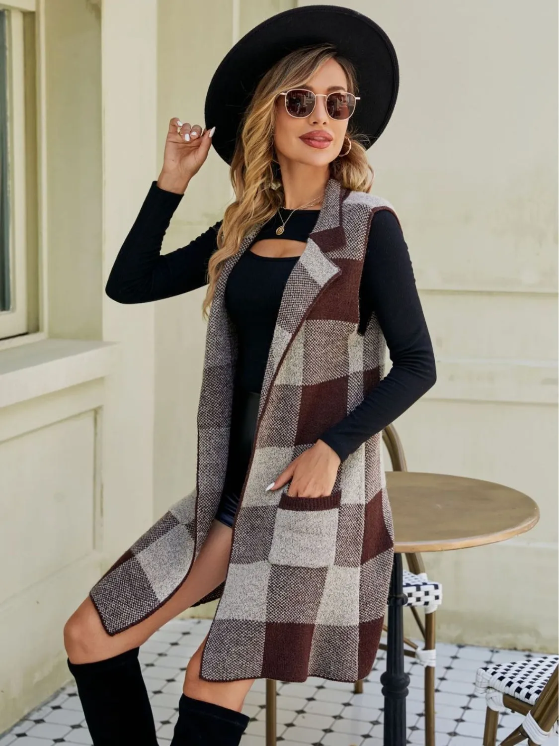 Plaid Lapel Collar Sleeveless Cardigan