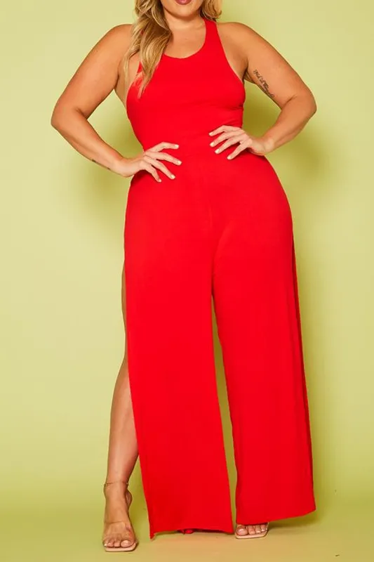 Plus Halter Top Wide Leg Slit Jumpsuit