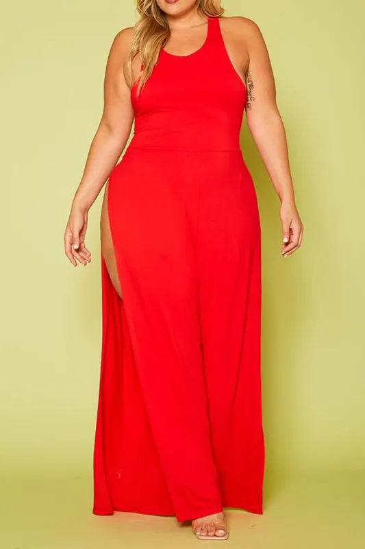 Plus Halter Top Wide Leg Slit Jumpsuit